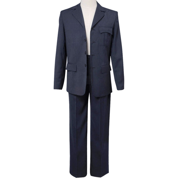 10th Doctor cosplay costume front view with blue pinstripe suit and blazer
