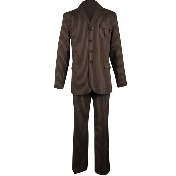 10th Doctor cosplay costume front view with brown pinstripe suit and blazer