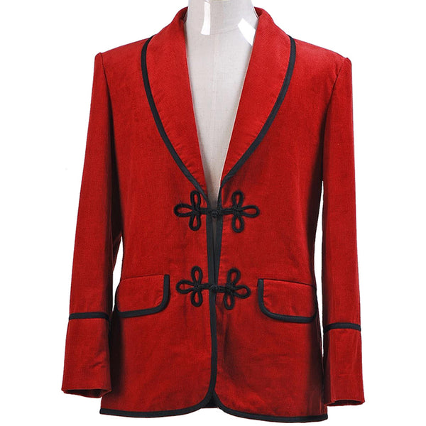 3rd Doctor cosplay costume front view with red jacket and ruffled shirt