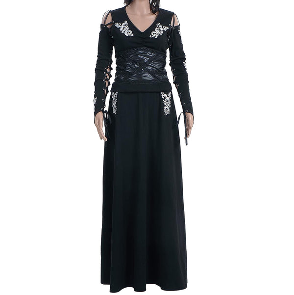 Bellatrix Lestrange cosplay costume front view – black gothic witch dress
