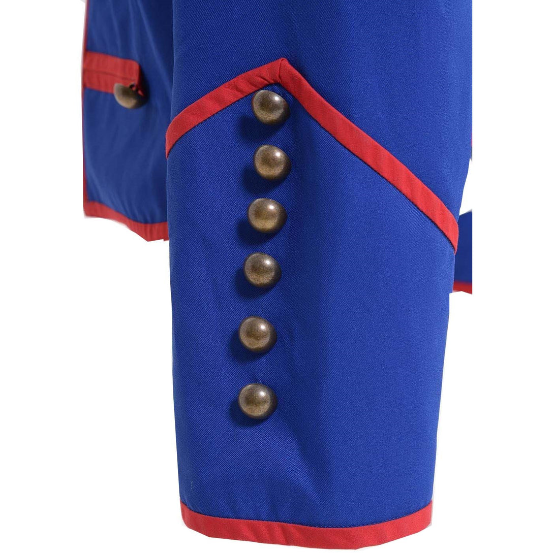 Close-up of silver buttons and collar trim on blue military cosplay jacket