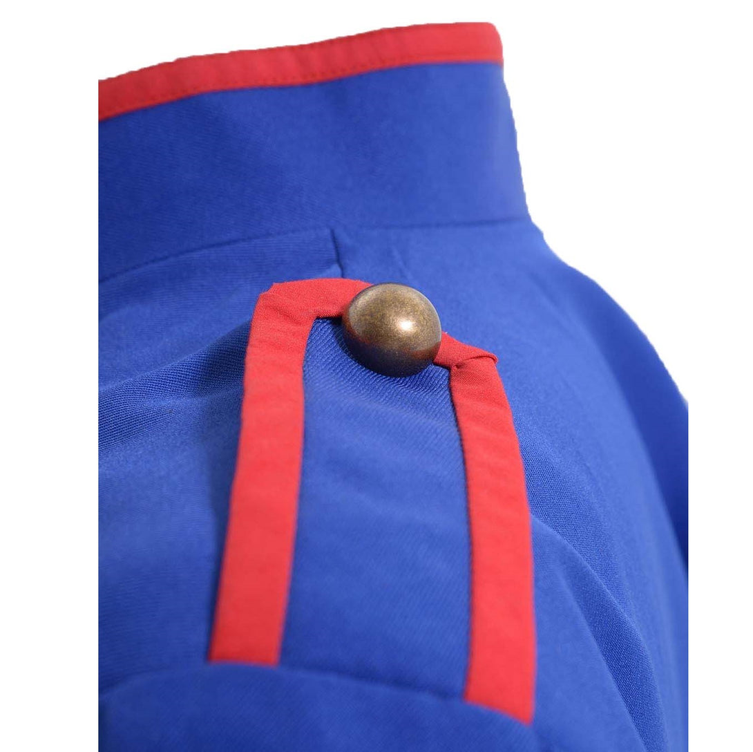Close-up of silver buttons and collar trim on blue military cosplay jacket