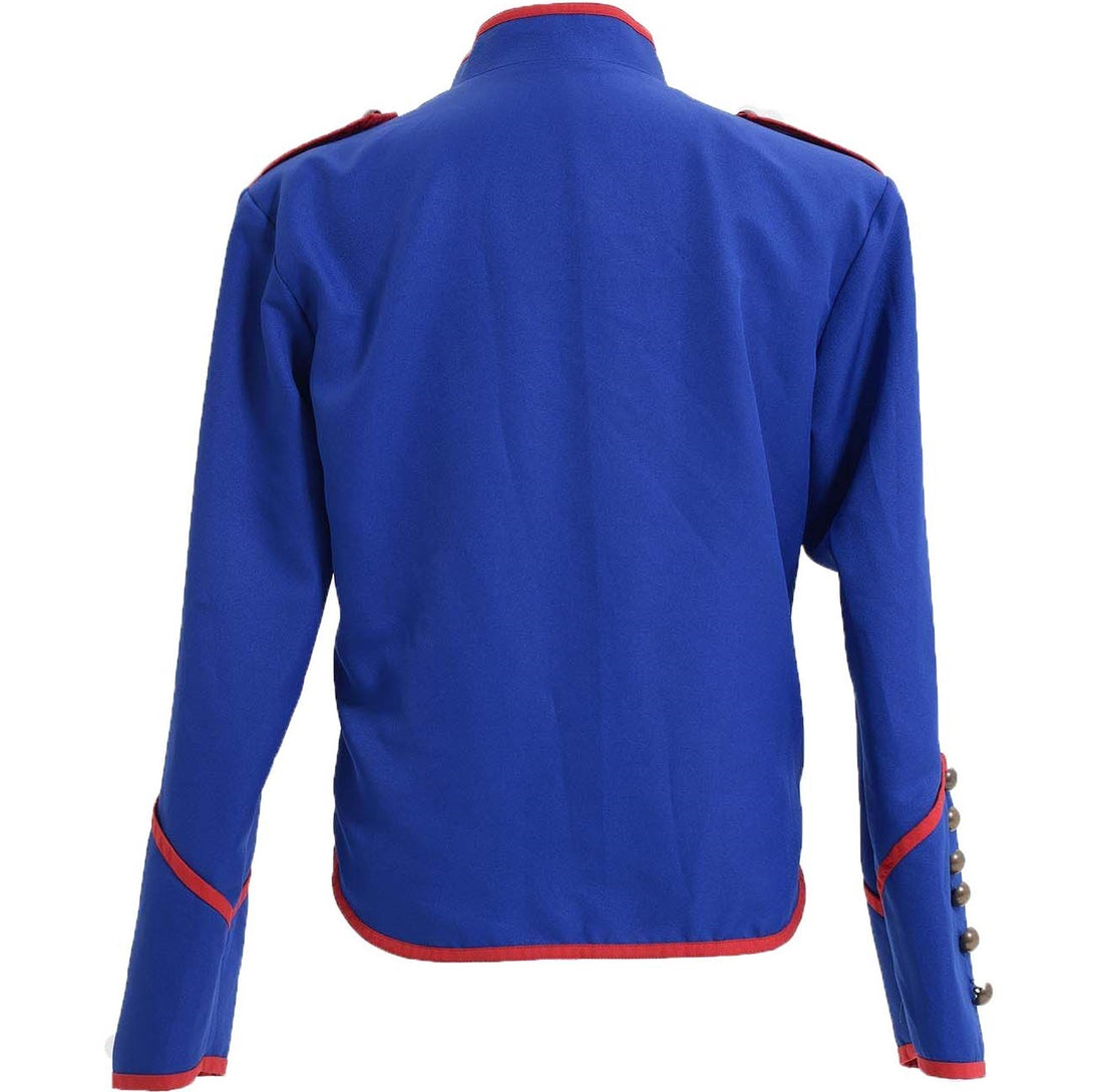 Back view of MCR-style blue military cosplay jacket