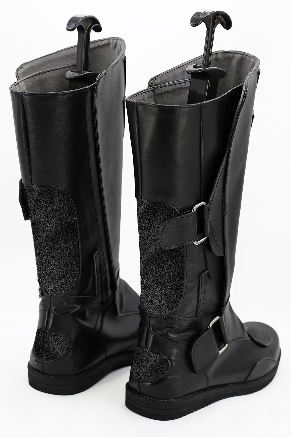 Back view of tall black cosplay boots with dark side warrior styling
