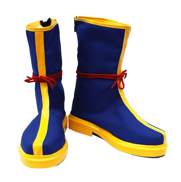 Front view of Son Goku cosplay boots in yellow and blue