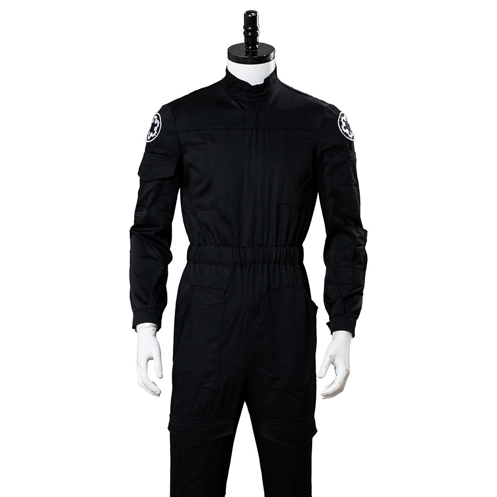 Elastic waist detail on black pilot jumpsuit costume 