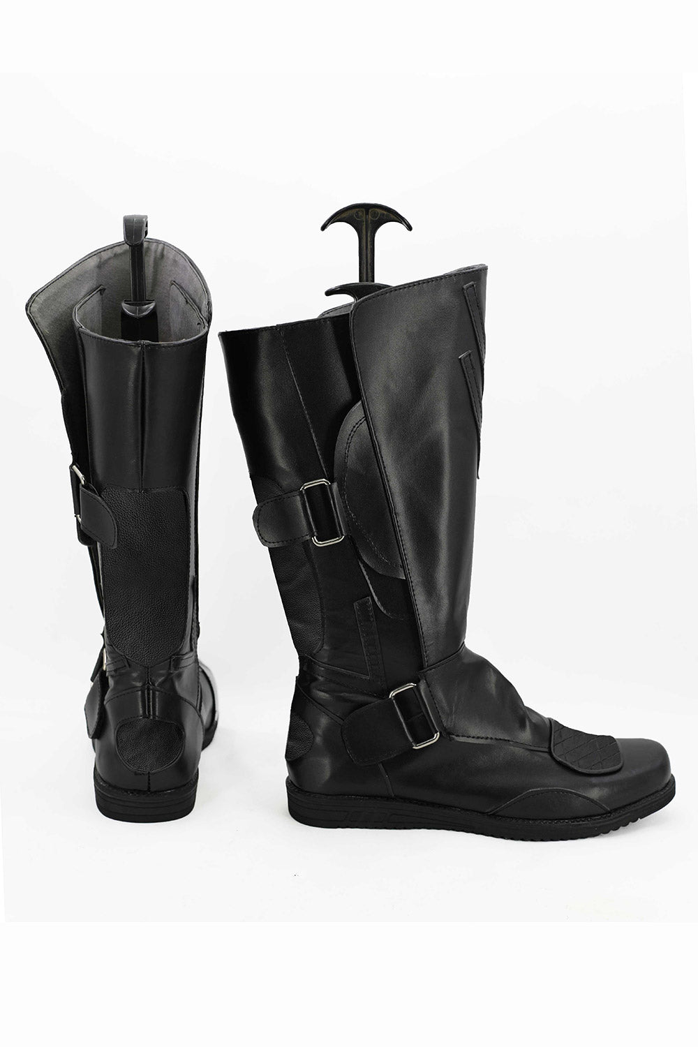 Cosplayer wearing dark warrior boots with black cloak and red makeup