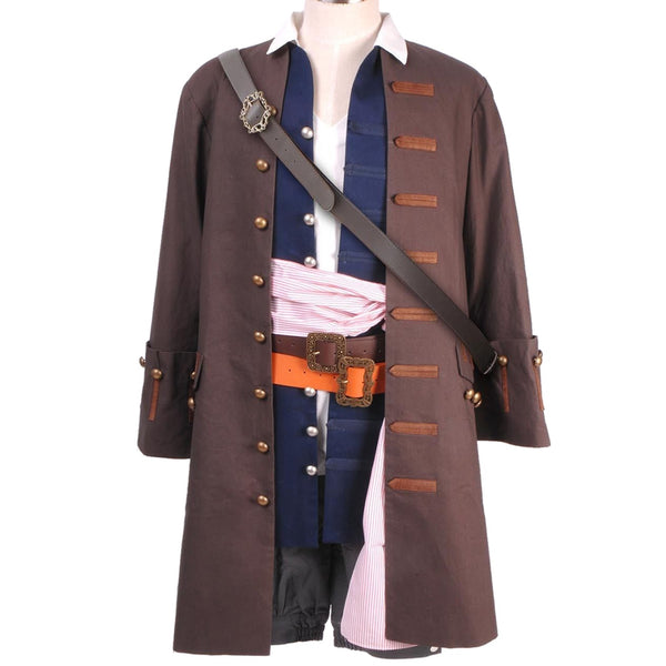 Pirates of the Caribbean Jack Sparrow cosplay costume front view with pirate coat and sash