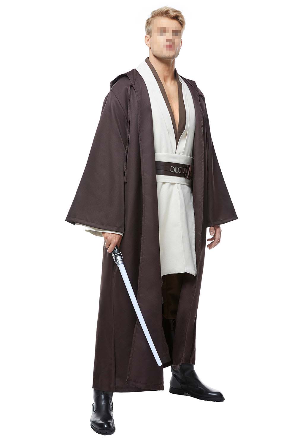 Obi-Wan Kenobi cosplay pose with lightsaber and brown robe