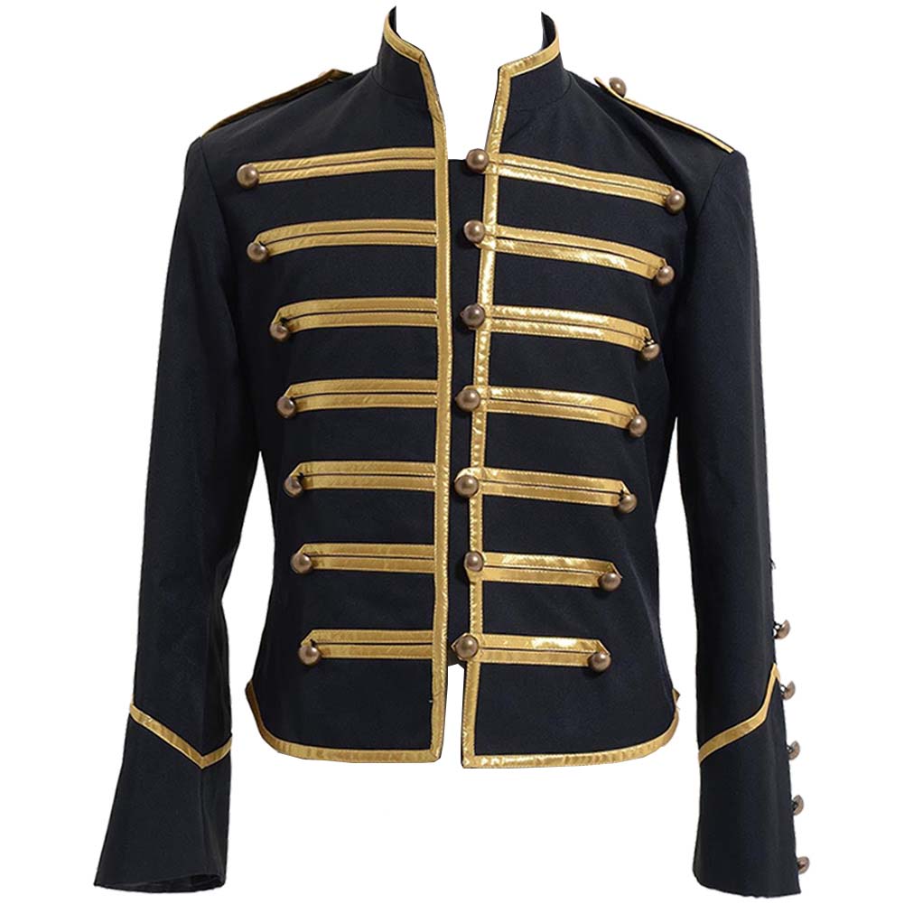 Black Parade cosplay jacket front view with gold trim and buttons