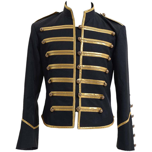 Black Parade cosplay jacket front view with gold trim and buttons