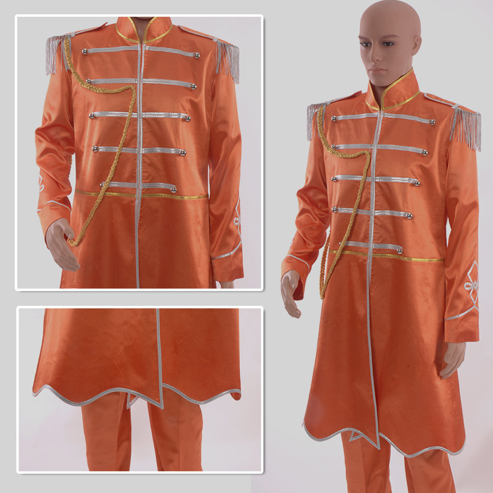 60s-inspired orange costume with silver buttons and fringe  