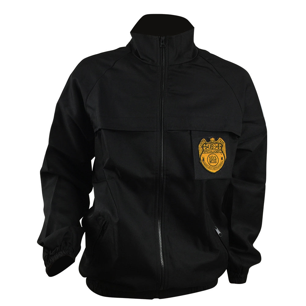 Front view of men's NCIS-style black cosplay jacket