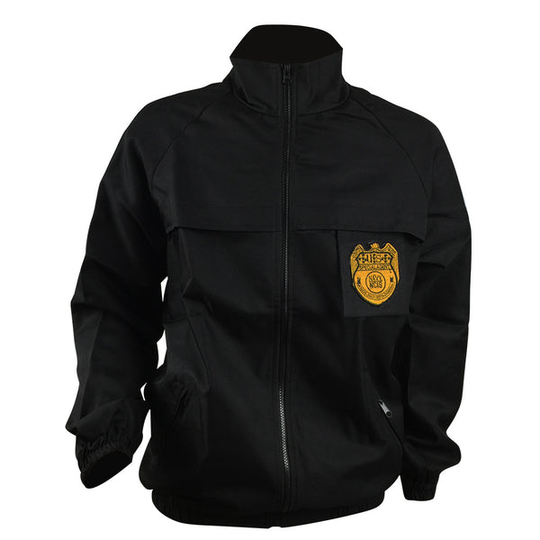 Front view of men's NCIS-style black cosplay jacket