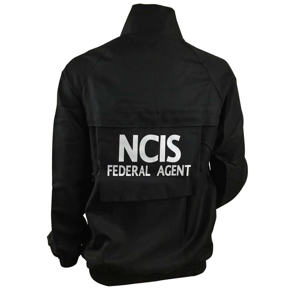 Back of NCIS-style black costume jacket for Halloween