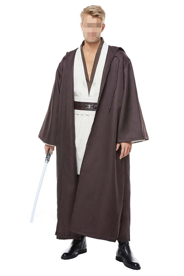 Cosplayer wearing full Obi-Wan Kenobi Jedi costume with lightsaber