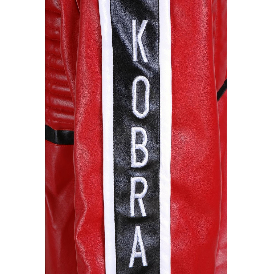 Red leather jacket with 'Kobra' branding 