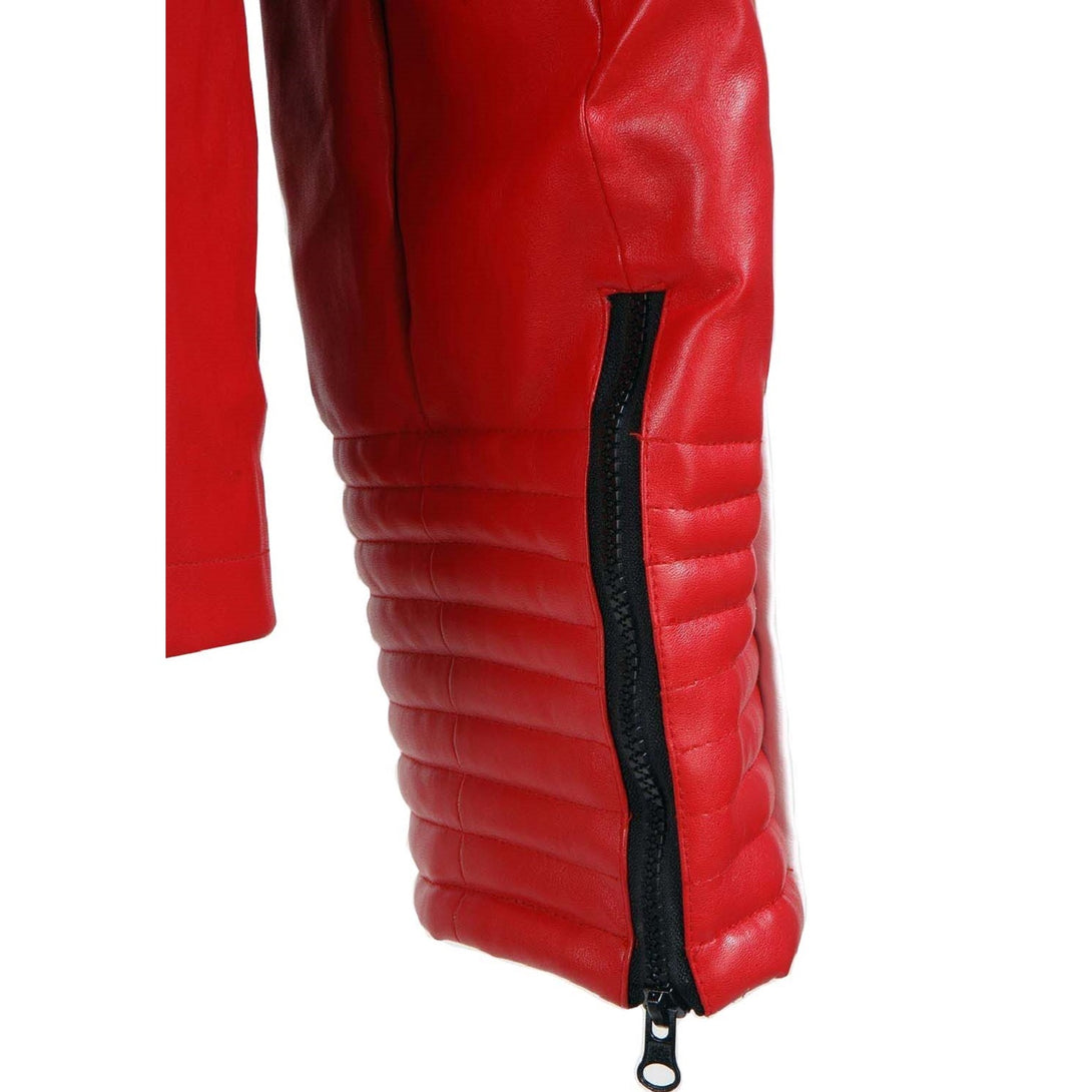 Red quilted jacket with a black zipper 