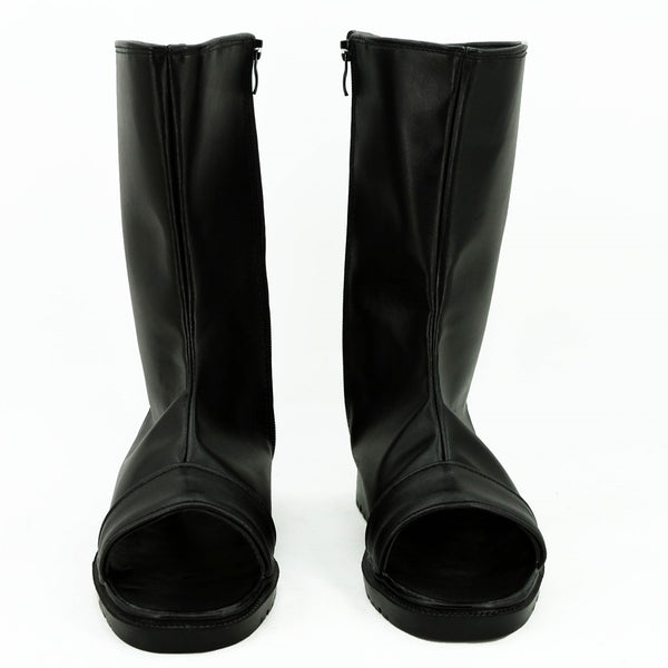Front view of Sasuke Uchiha black ninja boots for Naruto cosplay