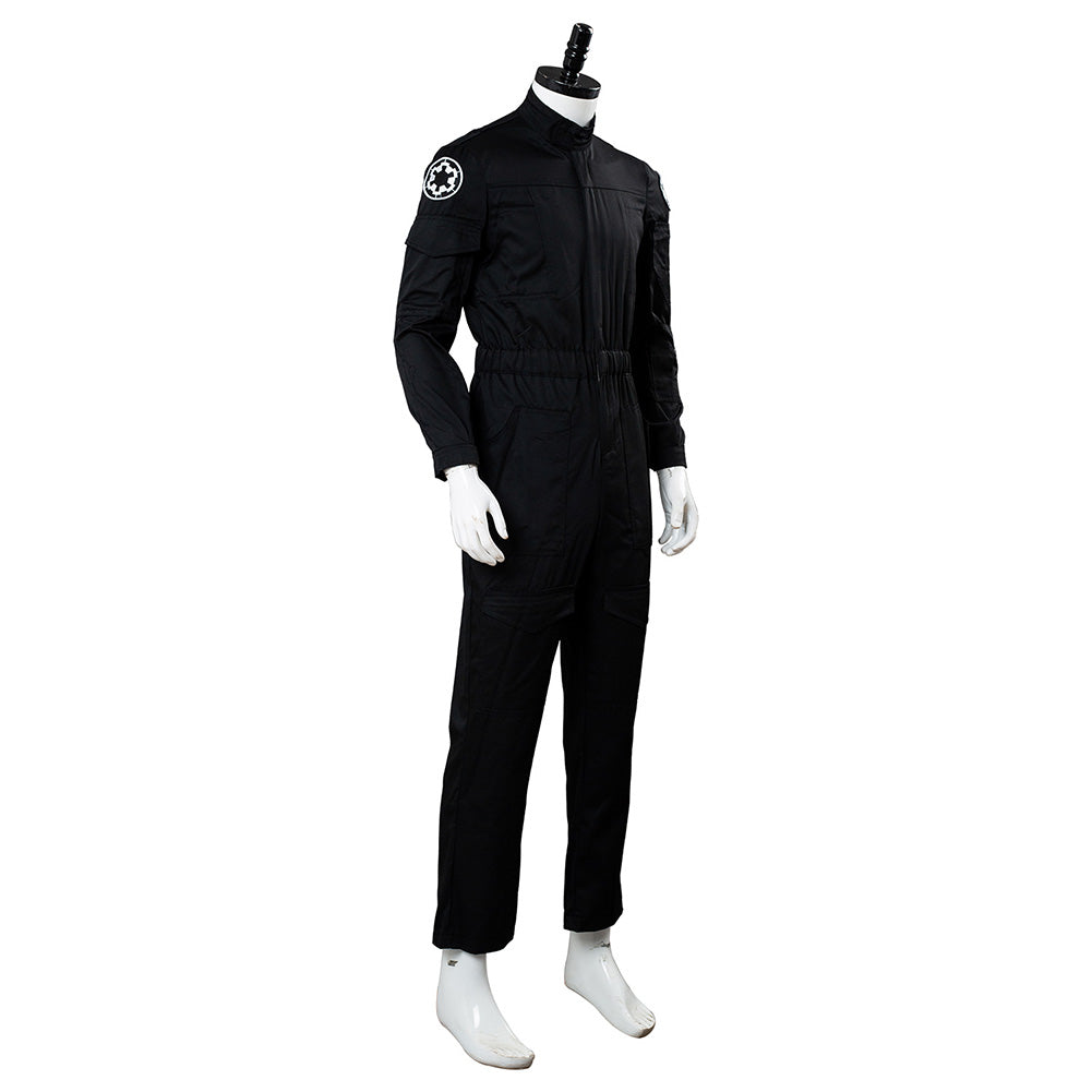 Full-body display of black sci-fi pilot cosplay outfit