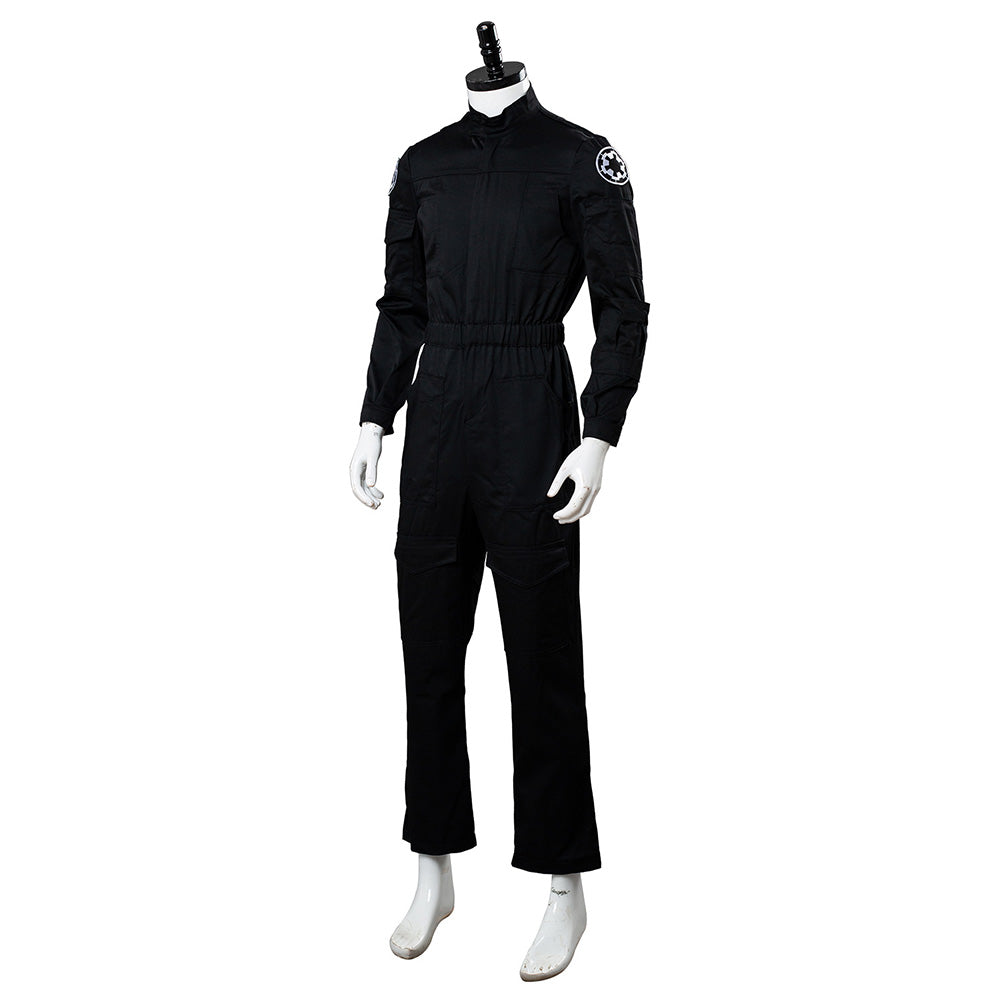 Full-body display of black sci-fi pilot cosplay outfit