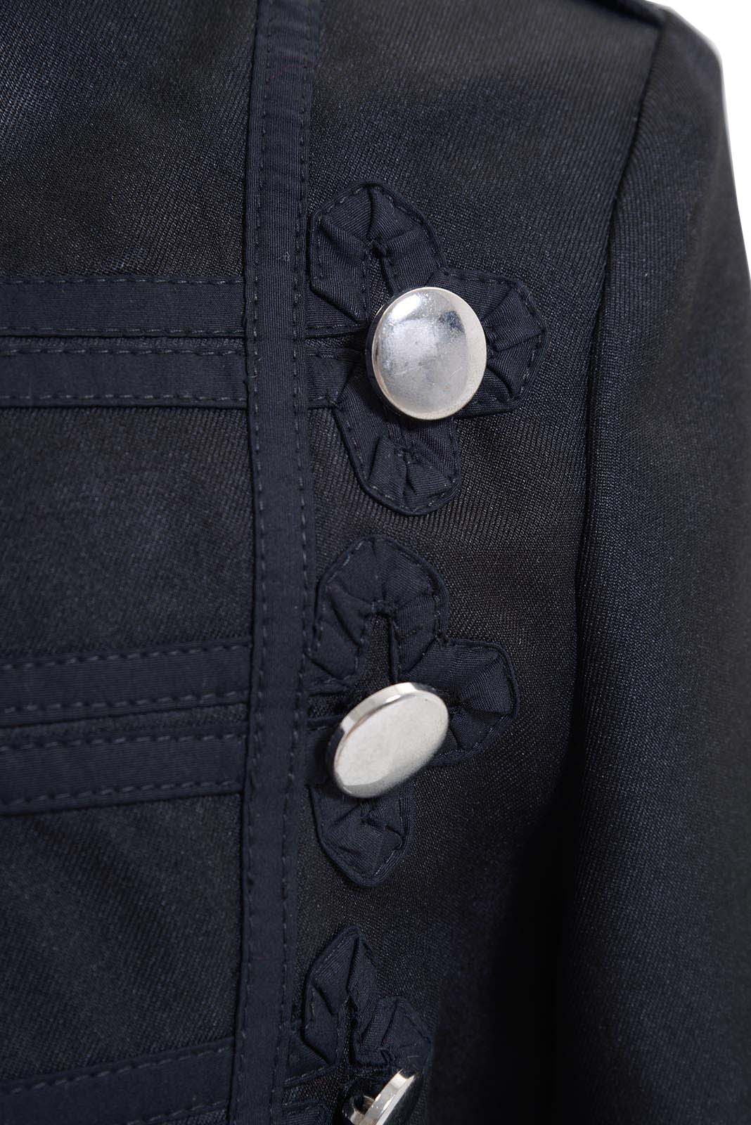Close-up of silver buttons and stitching on MCR all-black military cosplay jacket