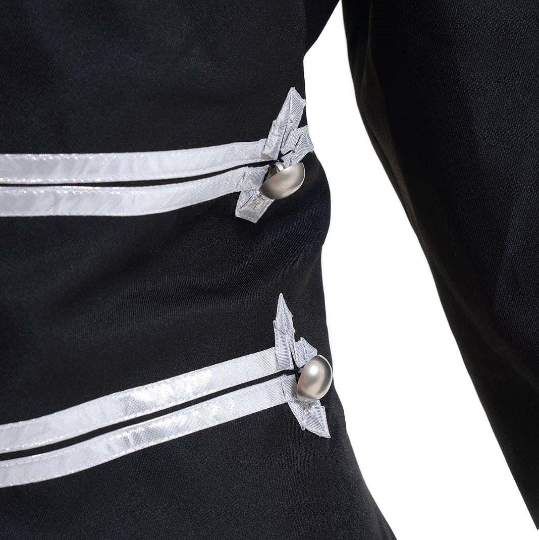 Close-up of silver band-style trim and button details on MCR jacket