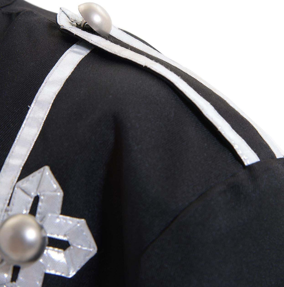 Close-up of silver band-style trim and button details on MCR jacket