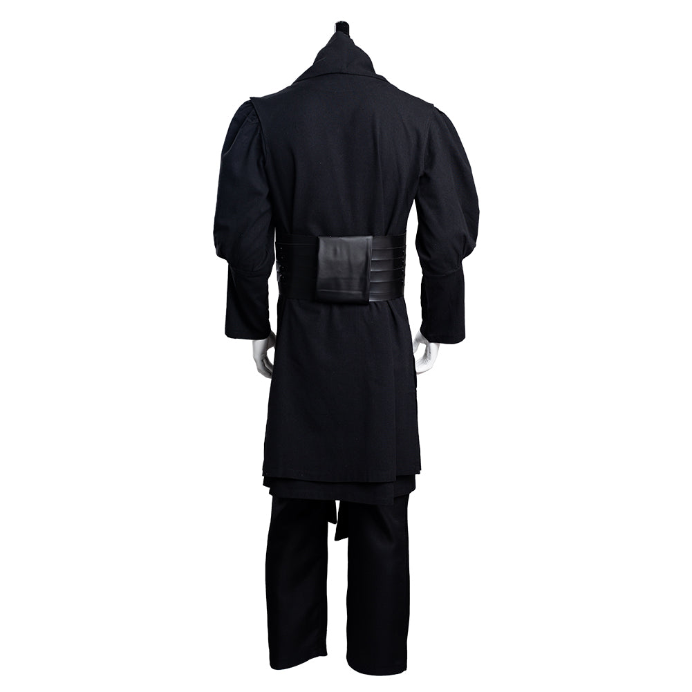Back view of flowing black cloak cosplay for dark lord costume