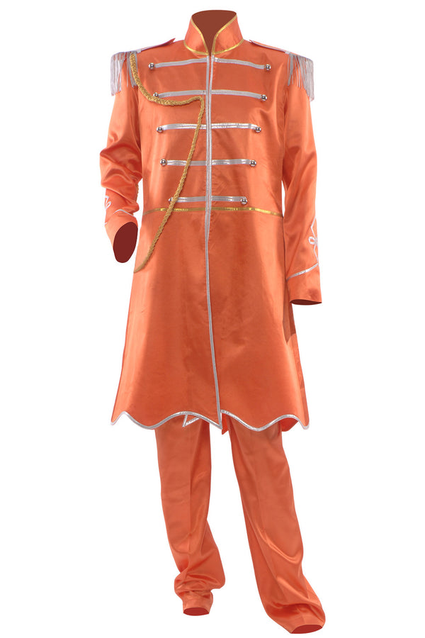 Front view of orange psychedelic military-style cosplay costume 