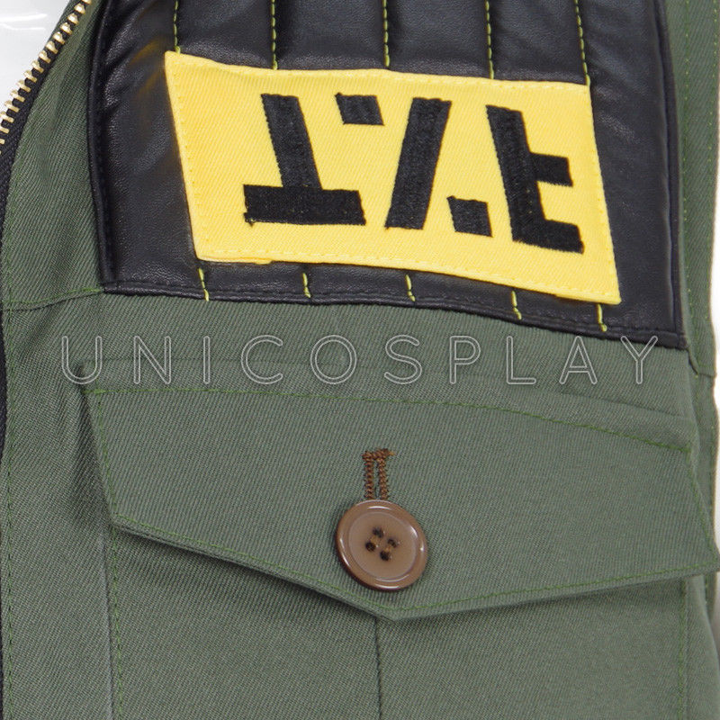 Close-up of yellow trim and shoulder patch detail on Fun Ghoul cosplay vest