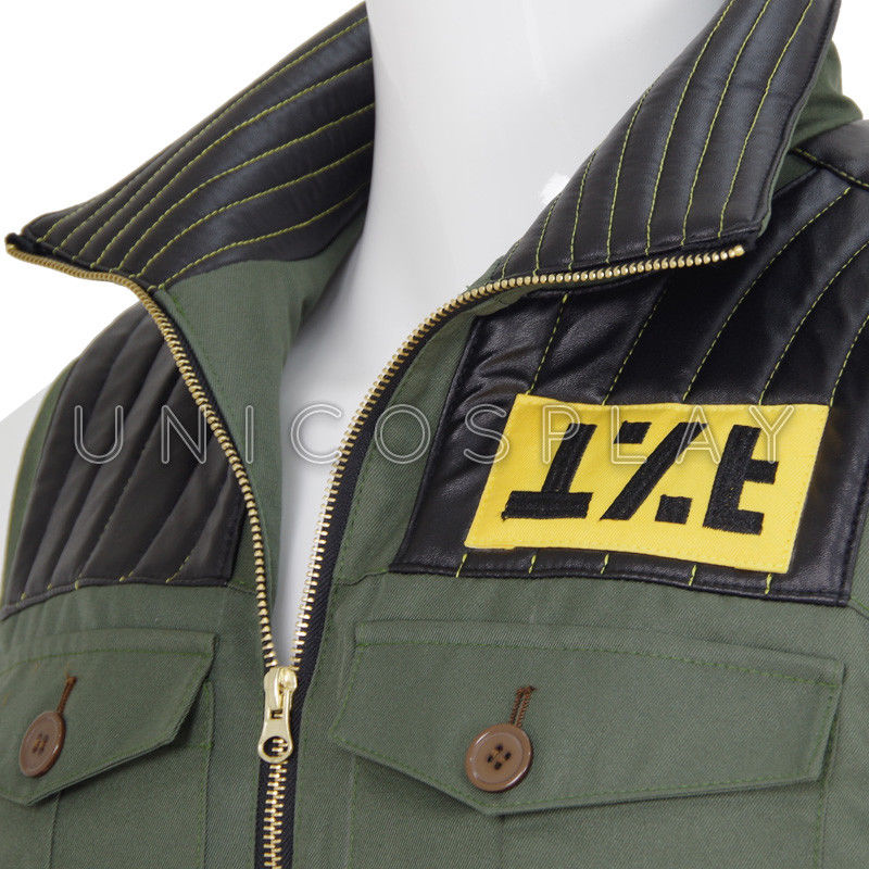 Close-up of yellow trim and shoulder patch detail on Fun Ghoul cosplay vest